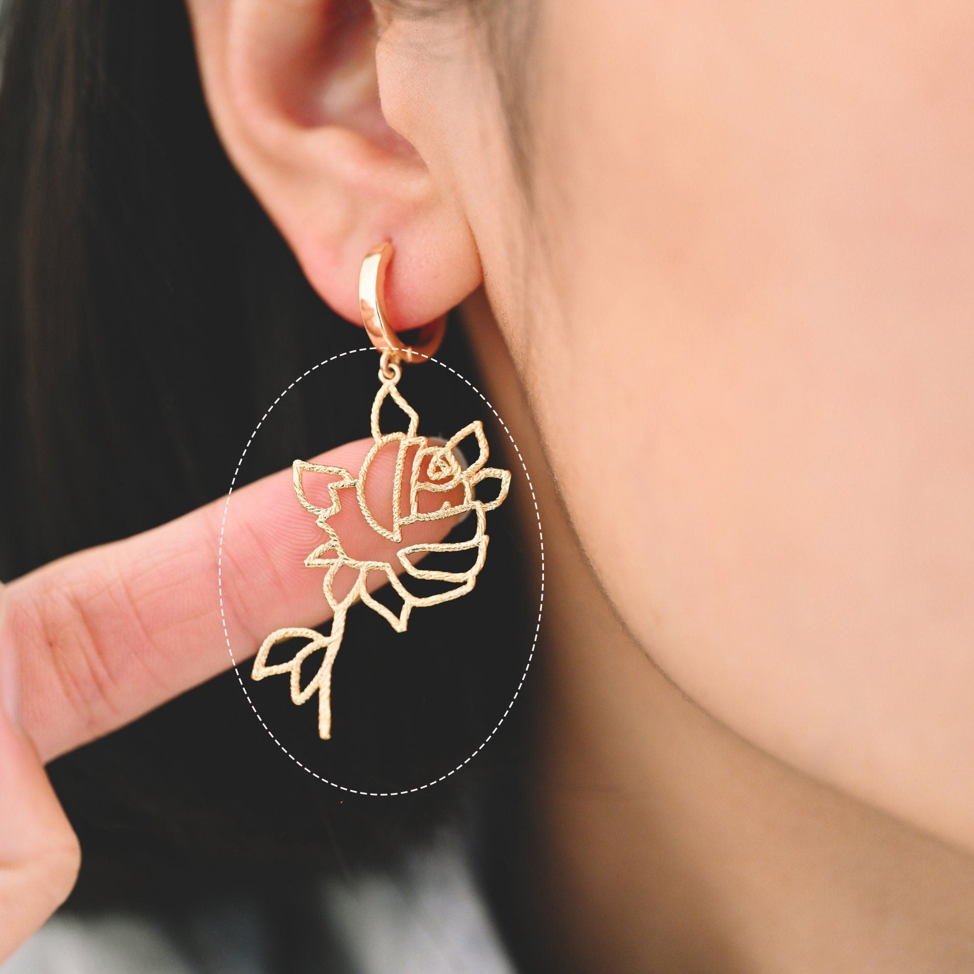 10pcs Gold Hollow Rose Charms 39x25mm, Real Gold plated Brass, Flower Earring Pendants (GB-120-E)